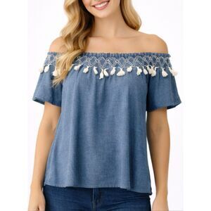 Paper Crane blue tassel off shoulder blouse M